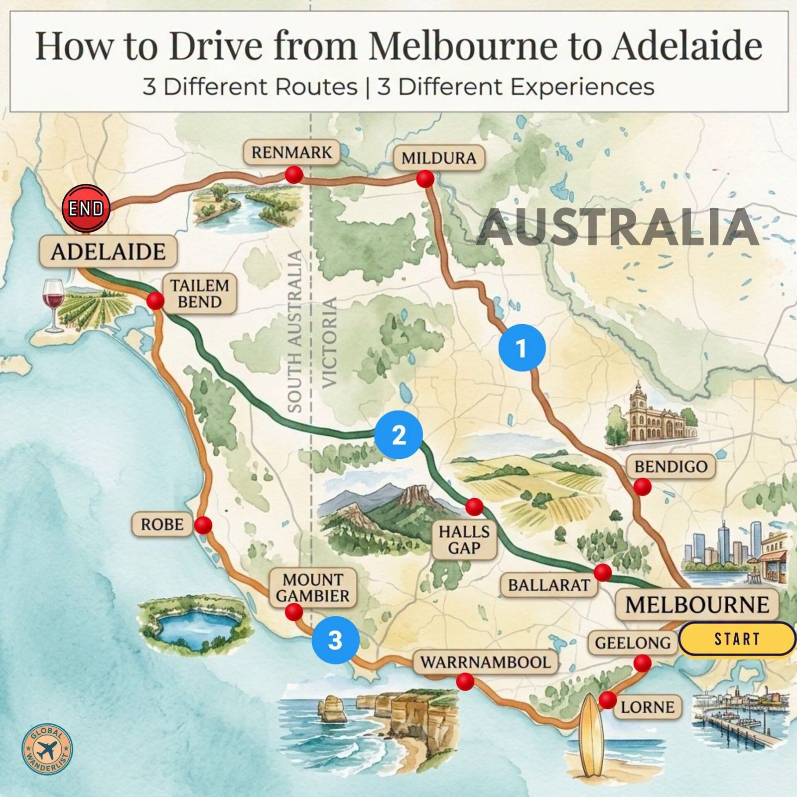 Melbourn to Adelaide 3 Routes