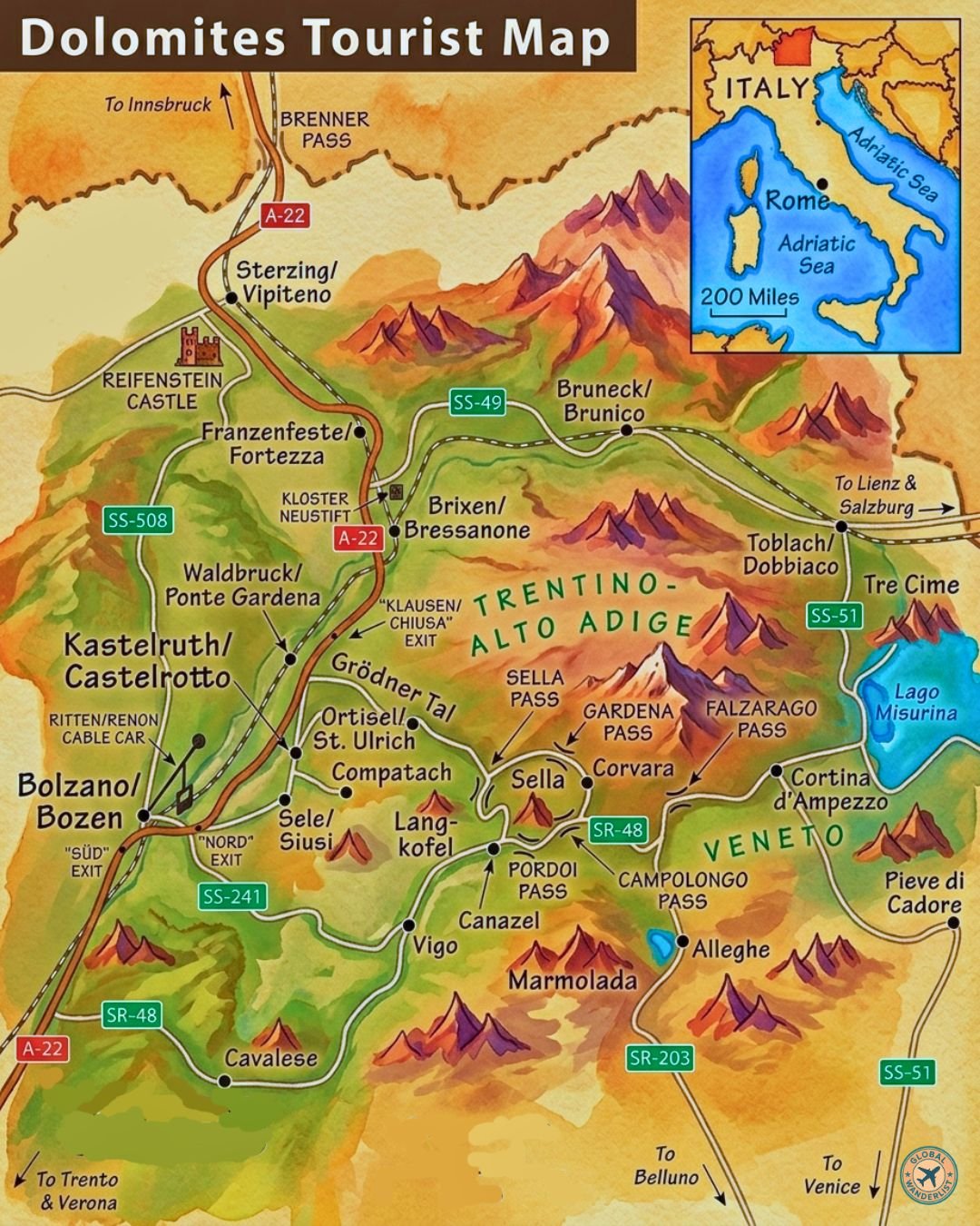 Dolomites Tourist Map